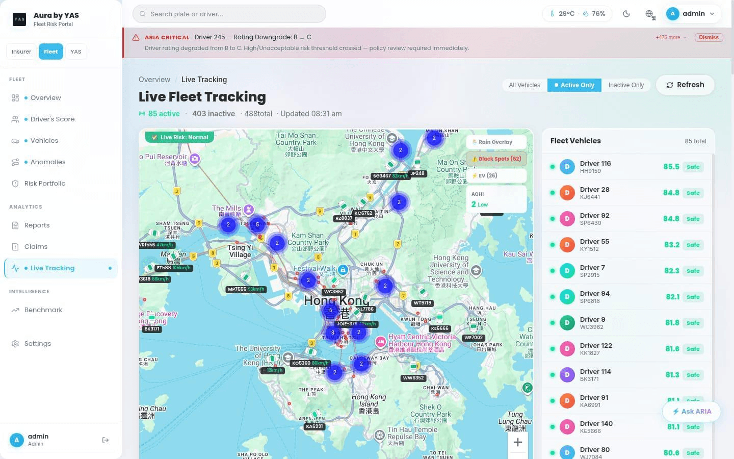 Live machine tracking dashboard with a Hong Kong map, active vehicles, and fleet safety scores.