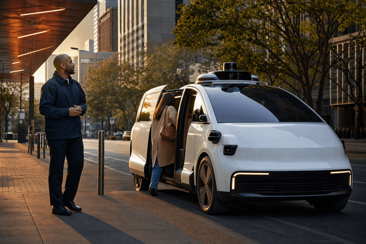 Passenger entering an autonomous vehicle at a warm urban pickup zone