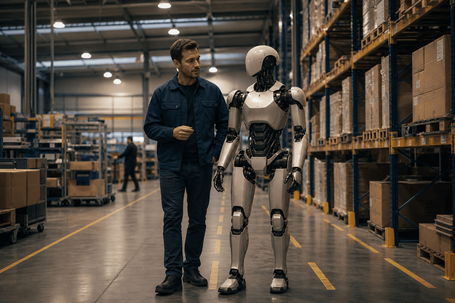 Technician walking beside a humanoid robot in a warehouse aisle