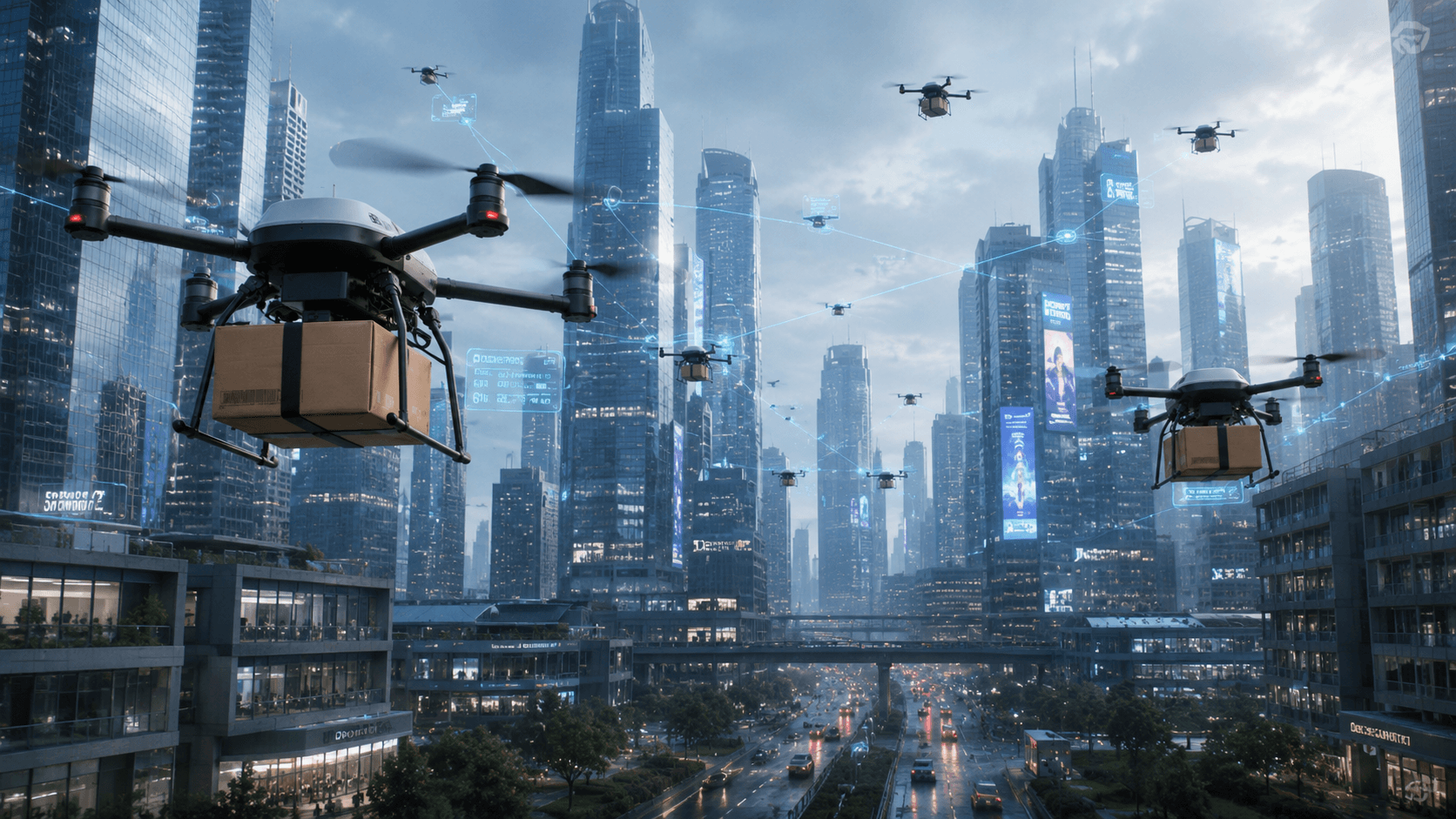 Autonomous delivery drones carrying packages over a connected city skyline at dusk