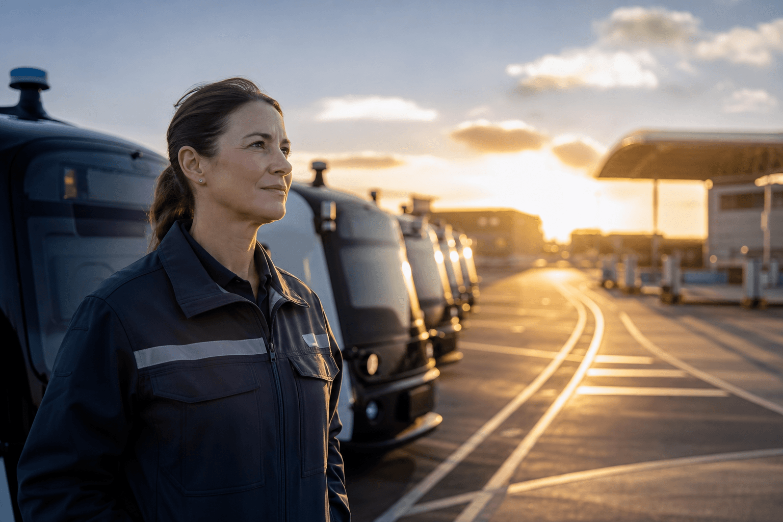 Fleet operations manager standing beside autonomous vehicles at a dawn depot