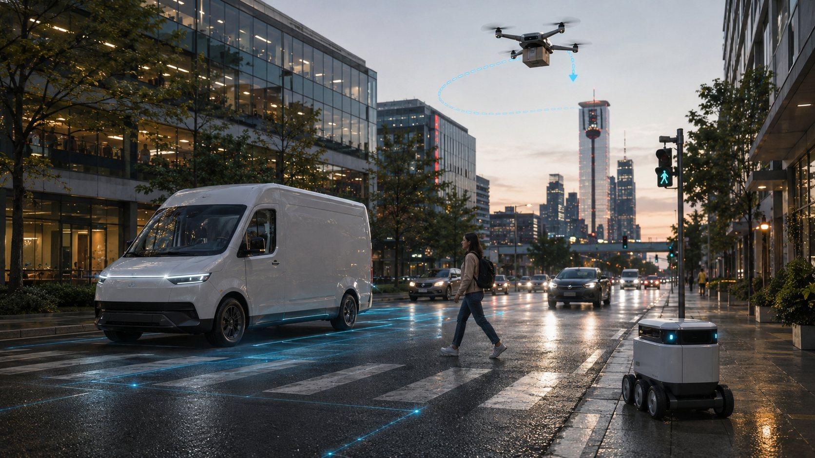An electric delivery van, sidewalk robot and delivery drone sharing a city street at dusk