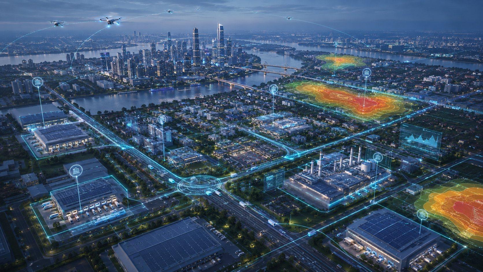 A city mapped with live telemetry, risk heatmaps and connected machines