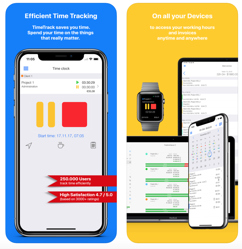 無論是 MacBook、iPhone、甚至 Apple Watch 也能使用 Timetrack，方便紀錄工作時間。